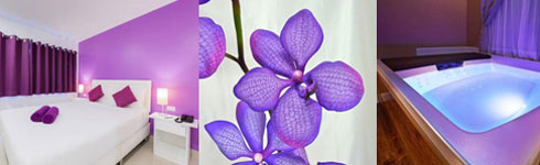 photo d'une chambre, d'une orchidée et d'une baignoire de balnéothérapie photo d'une chambre, d'une orchidée et d'une baignoire de balnéothérapie